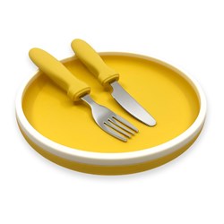 Smikkels assiette enfant en silicone avec couverts jaune - vaisselle durable