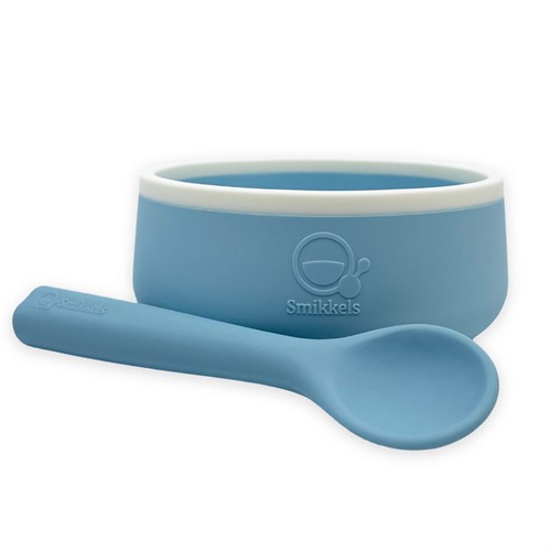 Smikkels - Siliconen kinderkommetje met lepeltje - Blauw