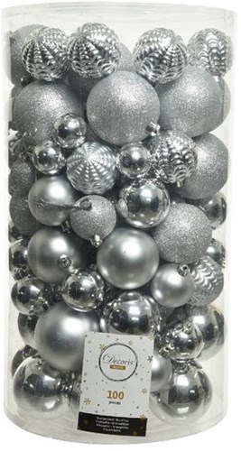 Decoris boules de Noël set plastique argent 100 pièces mix grandes boules