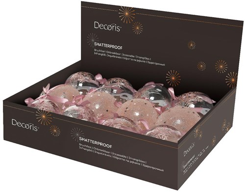 Decoris kerstballen kunststof roze 8cm - set van 12 onbreekbaar glitter