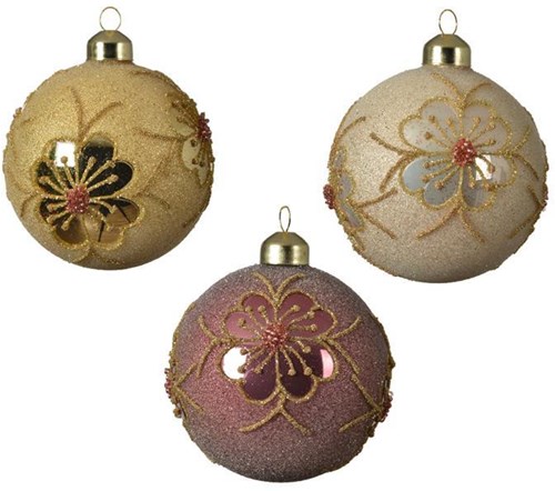 Decoris boules de Noël en verre set rose 8cm avec décoration florale