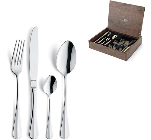 Amefa bestekset 24-delig Baguette luxe houten kist zilver