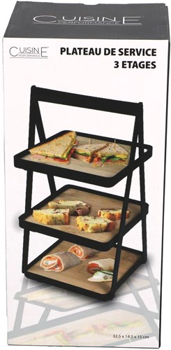 Etagere 3 etages bamboe metaal zwart draagbaar serveerschaal high tea