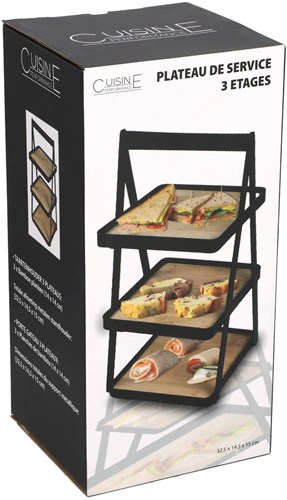 Etagere 3 etages bamboe metaal zwart draagbaar serveerschaal high tea-2