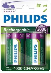 Piles rechargeables D NiMH 3000mAh - 2 pièces - Philips