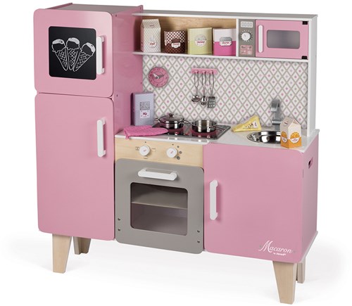 Janod Cuisine en bois Macaron Maxi avec fonctions (Incl. 15 pièces d'accessoires)