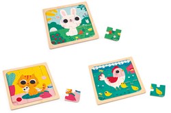Janod puzzelset - houten dierenpuzzels - 3 puzzels met 9 stukken