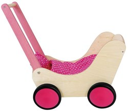 Poppenwagen houten wandelwagen roze met witte stippen Simply for Kids
