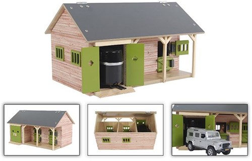 Kids Globe paardenstal houten speelgoed met 2 boxen en berging 1:32 schaal
