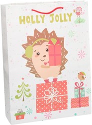 Geschenktas kerst cadeau egeltje 34cm met cartoonprint en touw