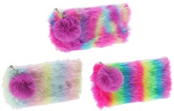 Regenboog etui pluche - kleurrijk etui met pompom 20,5cm