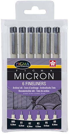 Sakura set de feutres fins - 6 stylos noirs Pigma Micron pour dessin