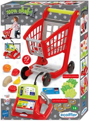 Ecoiffier speelgoed winkelwagen met kassa en boodschappen set