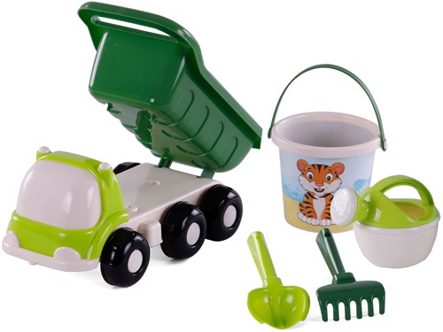 Camion benne de plage jouet avec seau et outils vert 5 pièces-3