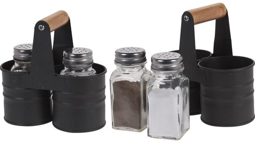 Excellent Houseware peper en zoutstrooier set met houder glas zwart
