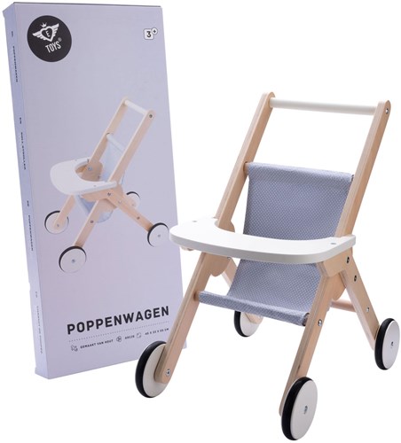 Houten poppenwagen grijs blauw - speelgoed poppenwandelwagen hout