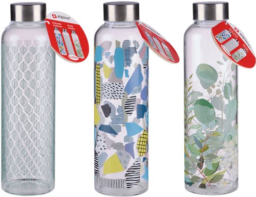 Drinkfles glas met print en metalen dop - 570 ml - Alpina