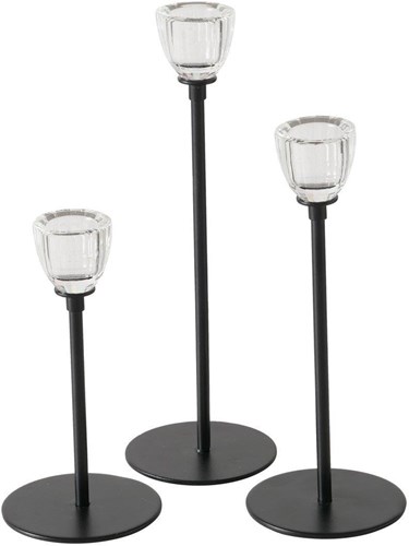 Boltze Home kandelaar set zwart metaal en glas 3-delig Ø7cm