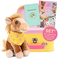 Studio Pets pluche knuffelpaard Milly 16cm met koffer en paspoort