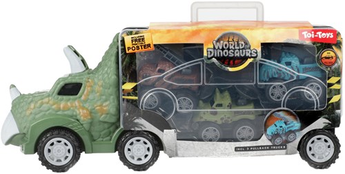 Coffret dinotruck avec 3 voitures à rétrofriction et boîte de rangement