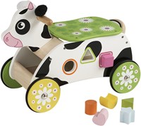 Johntoy houten loopwagen koe met vormen sorteerfunctie speelgoed