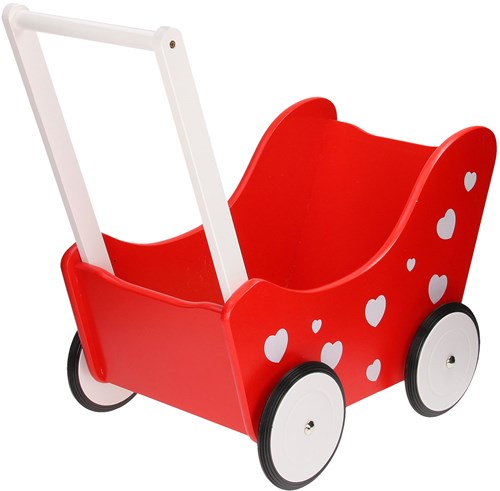 Planet Happy poussette en bois rouge avec cœurs blancs jouet