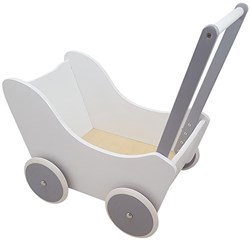 Playwood houten poppenwagen wit zilver met rubberen banden en dekje