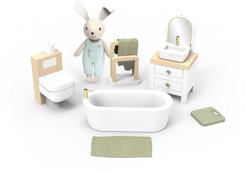 Speedy Monkey salle de bain maison de poupée set en bois avec personnage