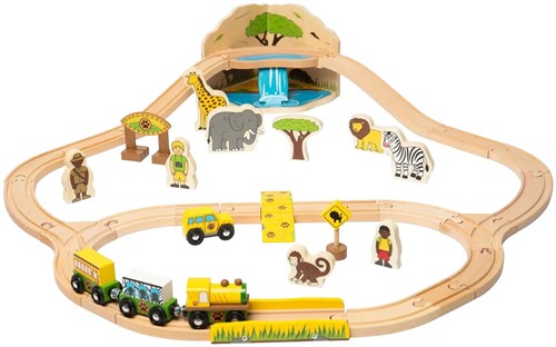 BigJigs Safari trein houten speelgoed set - 38-delig - kleurrijk