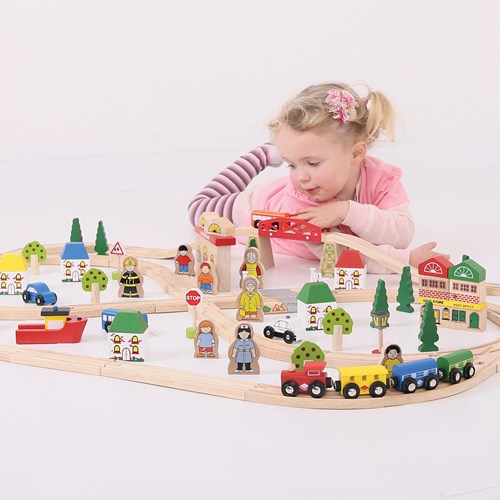BigJigs houten treinset stad en platteland - 101-delig speelgoed-3