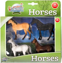 Kids GLOBE paarden speelgoed set 4 stuks schaal 1:32 boerderij
