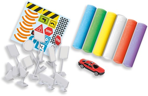 Ses stoepkrijt verkeer set met verkeersborden en auto - creatief buitenspeelgoed-2