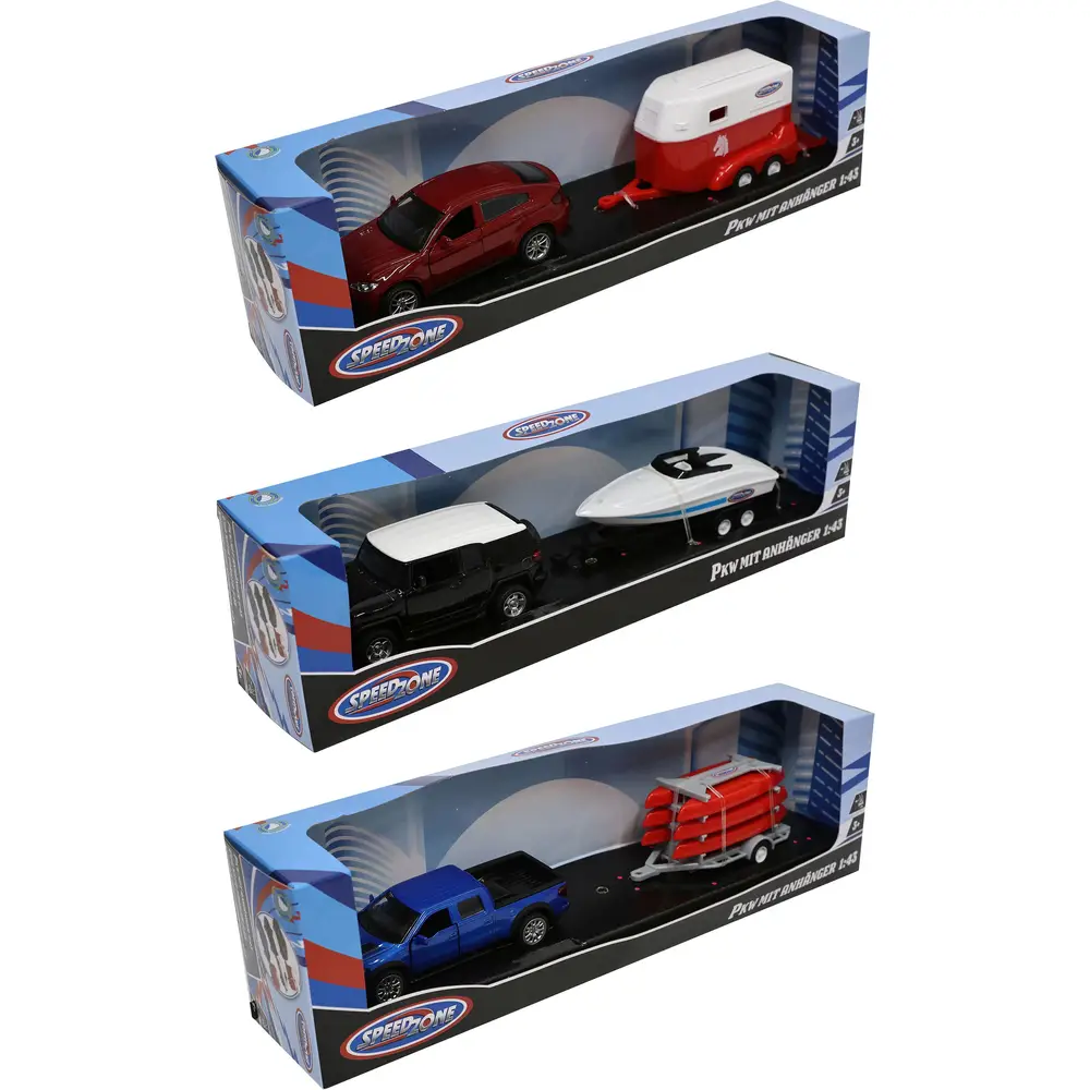 Speedzone speelgoedauto met aanhanger 1:42 pull-back met 3 varianten