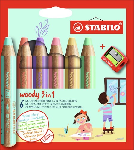 STABILO woody 3 in 1 - multitalent kleurpotlood - etui met 6 kleuren incl. puntenslijper