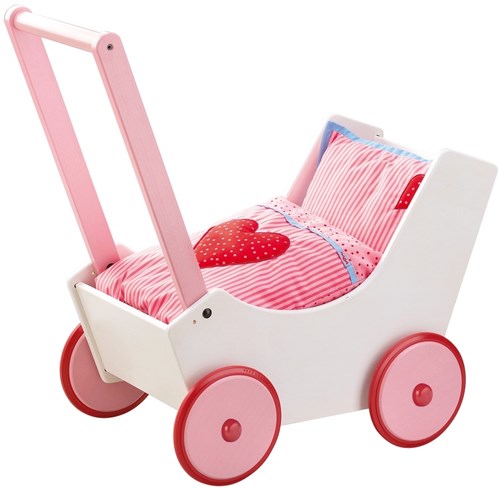Haba poppenwagen houten harten verstelbaar handvat roze