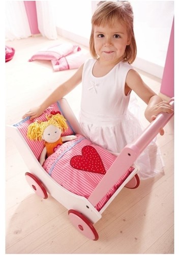 Haba poppenwagen houten harten verstelbaar handvat roze-2