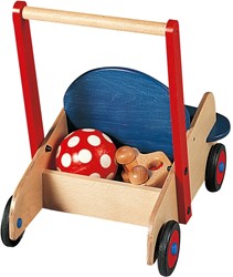 Haba loopwagen houten duwwagen rood blauw voor peuters
