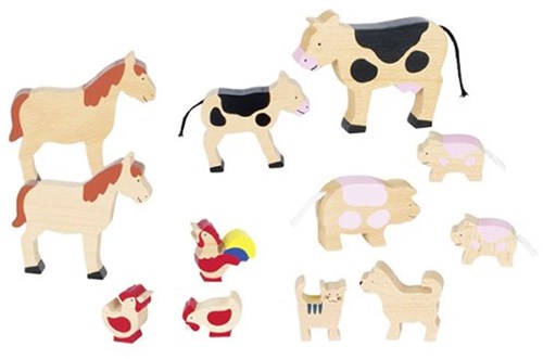 Goki houten boerderijdieren set - 12 stuks speelgoed dieren