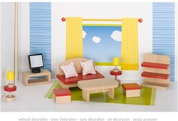 Goki poppenhuis woonkamer houten meubelset accessoires