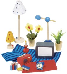 Goki houten poppenhuis accessoires woonkamer 17-delig set
