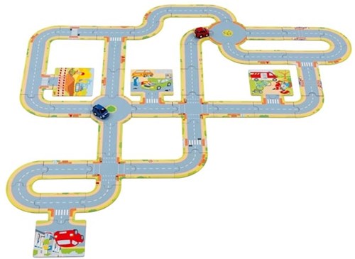 Goki Vloerpuzzel Wegen met 2 Voertuigen - Kartonnen Speelgoed