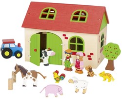 Goki houten boerderij poppenhuis 13-delig speelgoed boerderij