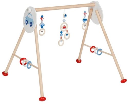 Goki baby gym en bois cars - arche d'éveil avec voitures et anneaux
