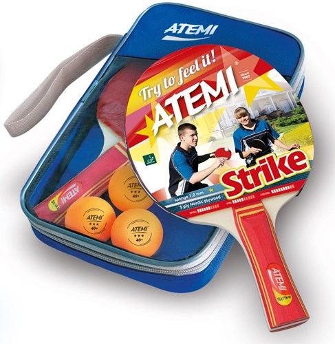 Atemi tafeltennis set Strike 2 bats met 3 ster ballen in luxe etui