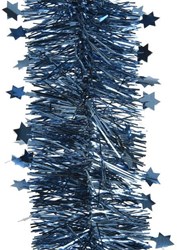 Decoris Kerst guirlande ster lametta donkerblauw 270cm kerstversiering