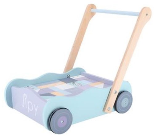 Jipy houten blokkenkar - loopwagen met blokken blauw voor peuters
