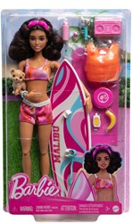 Barbie strandpop met surfplank en puppy - Barbie modepop speelgoed