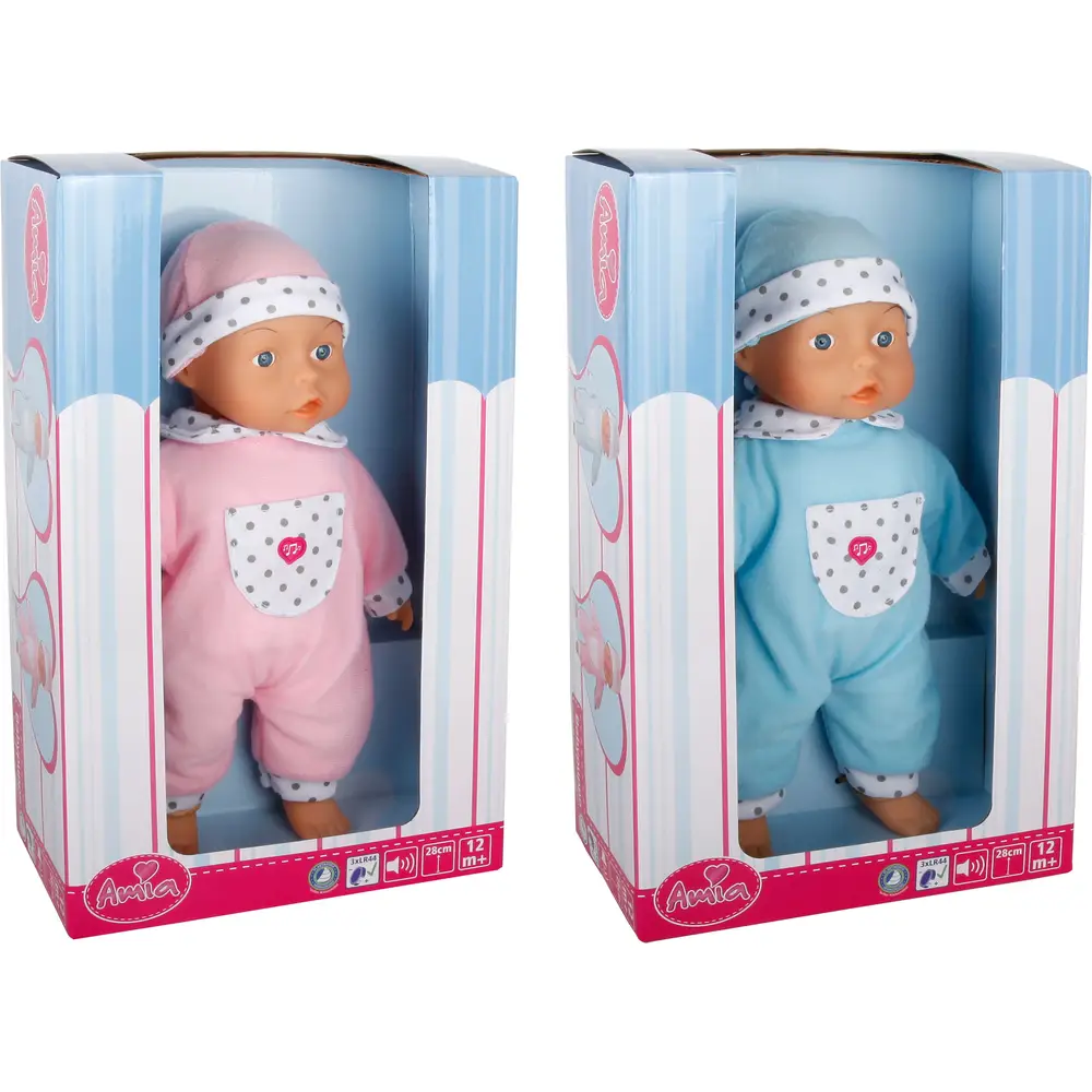 Amia pop met muts, interactief speelgoed, 28 cm, blauw of roze