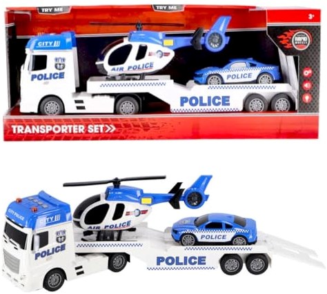 Rapid Wheels transporteur de voitures jouet police avec voiture et hélicoptère lumière et son