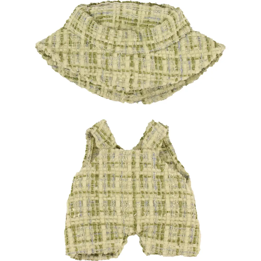 Heless monster poppenoutfit bouclé tuinbroek met vissershoed mintgroen 15 cm